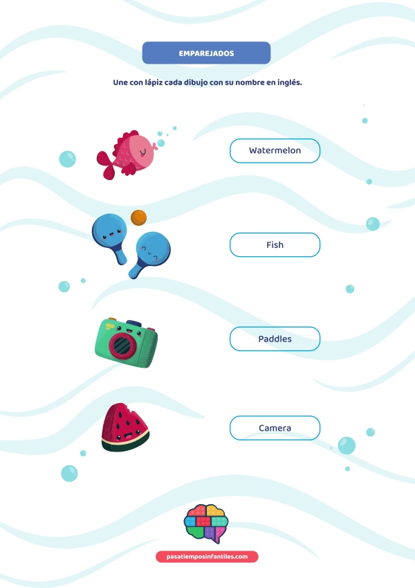 Juego de emparejados en inglés con temática de verano para niños, pasatiempos infantiles gratis para imprimir y aprender vocabulario