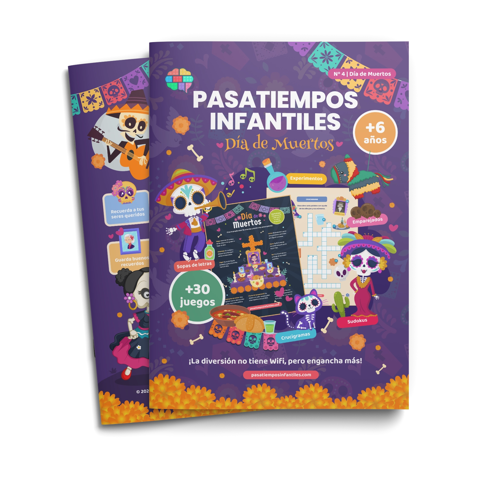 Libro pasatiempos infantiles inspirado en la festividad mexicana del Día de Muertos, con juegos culturales, educativos y creativos.