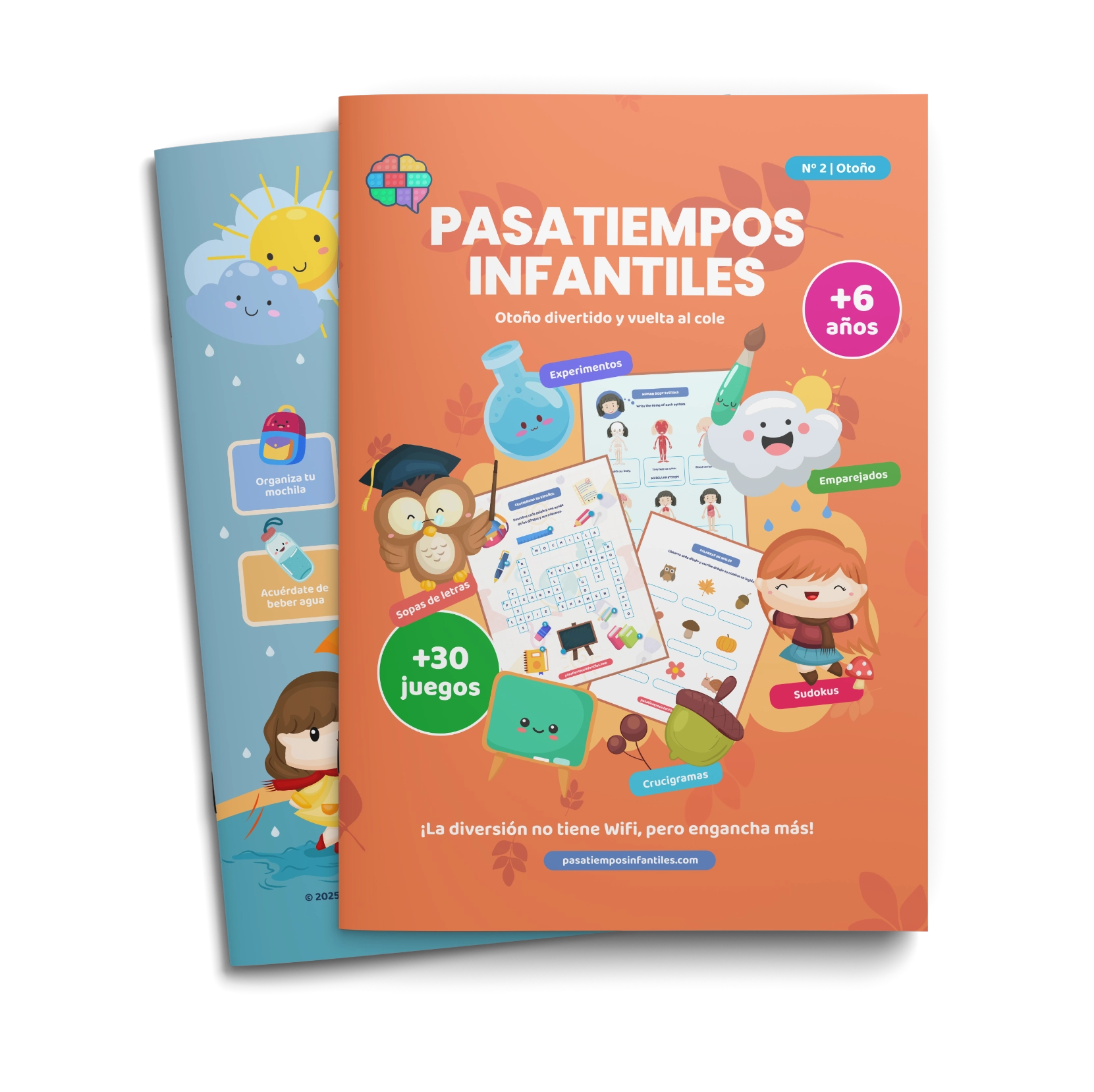 Libro de pasatiempos infantiles en papel para otoño y vuelta al cole, con retos, juegos y aprendizaje creativo.