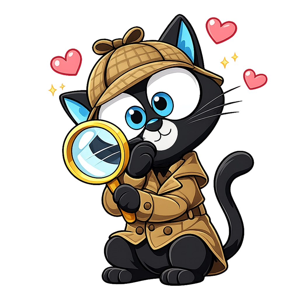 Gatunix observando con lupa y corazones representando la educación consciente en familia