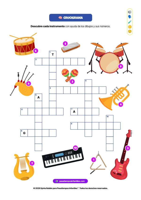 crucigrama en papel de instrumentos musicales para entrenar la inteligencia musical