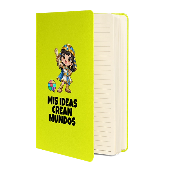 libreta de color amarillo de Cleo Conexión inteligencia verbal del método Gatunix con el mesaje Mis ideas crean mundos