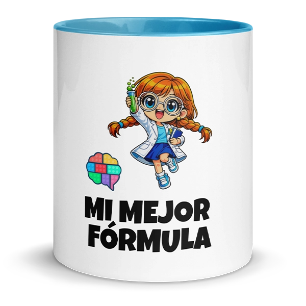 taza con el interior de color azul de Marie ciencia inteligencia lógico-matemática del método Gatunix con el mesaje Mi mejor fórmula